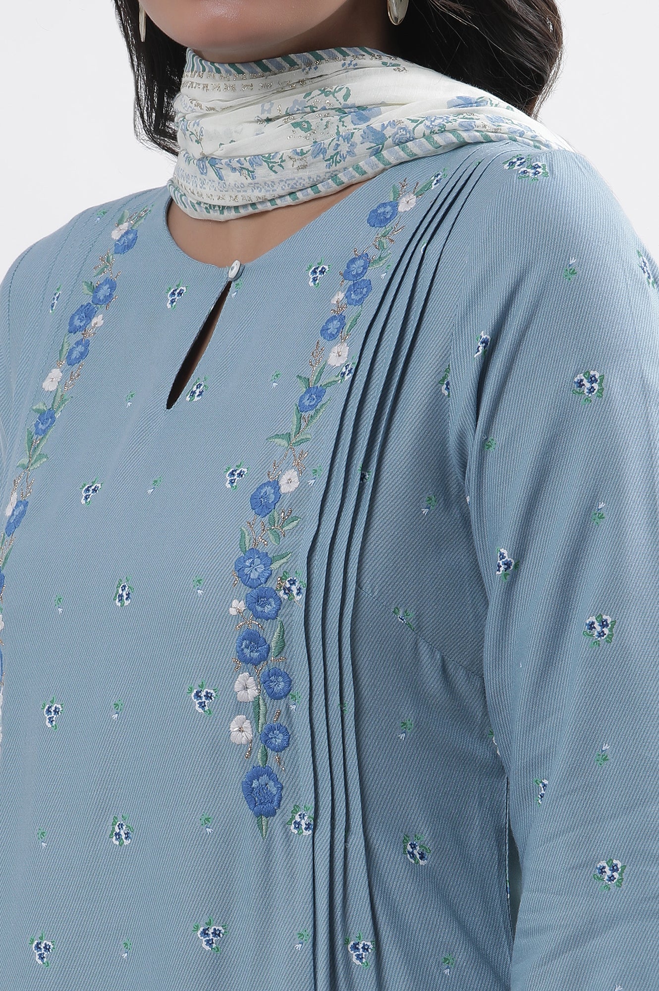 Blue Embroidered Kurta, Pants And Dupatta Set