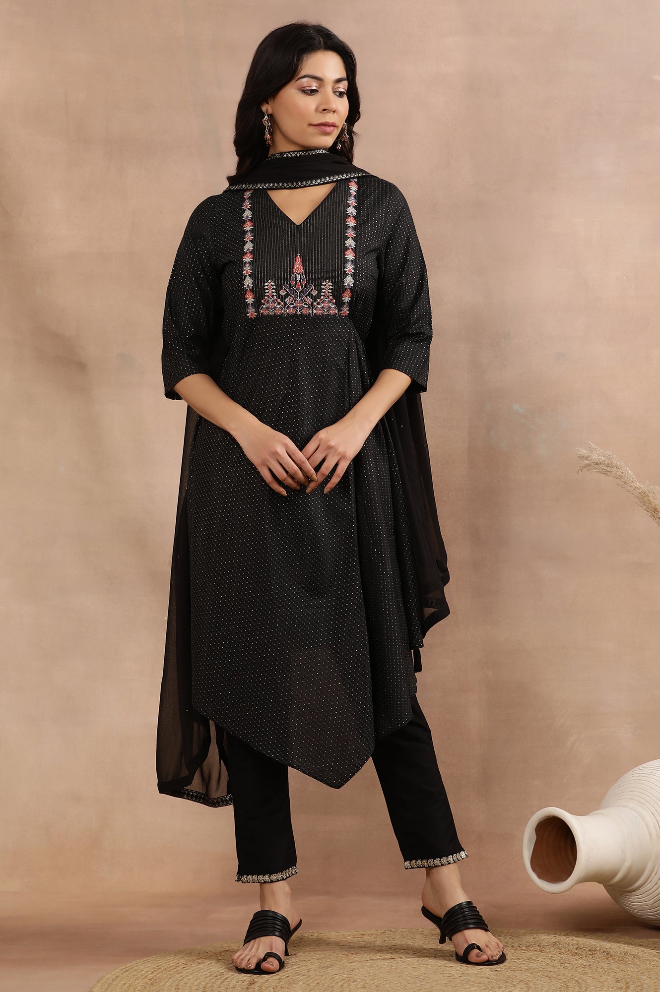 Black Embroidered Asymmetrical Kurta, Pants And Dupatta Set