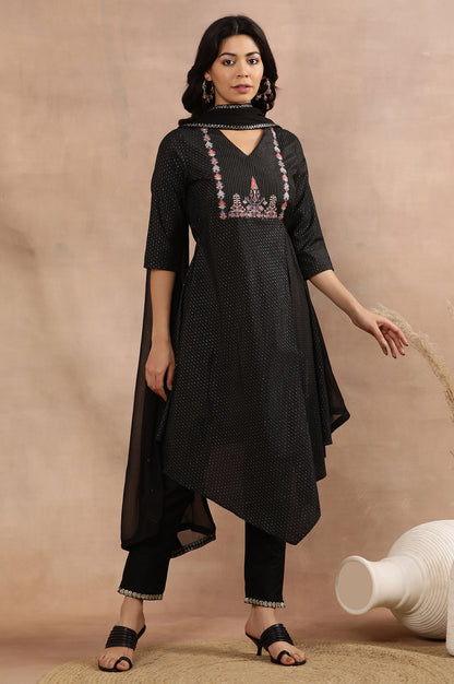 Black Embroidered Asymmetrical Kurta, Pants And Dupatta Set