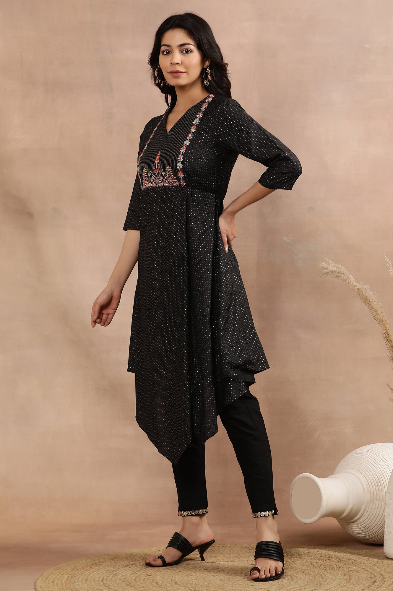 Black Embroidered Asymmetrical Kurta, Pants And Dupatta Set