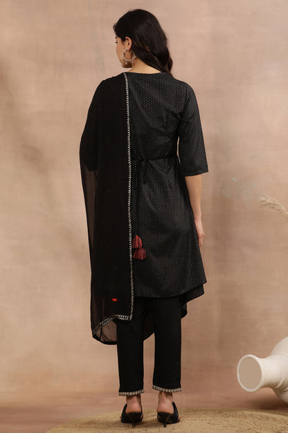 Black Embroidered Asymmetrical Kurta, Pants And Dupatta Set