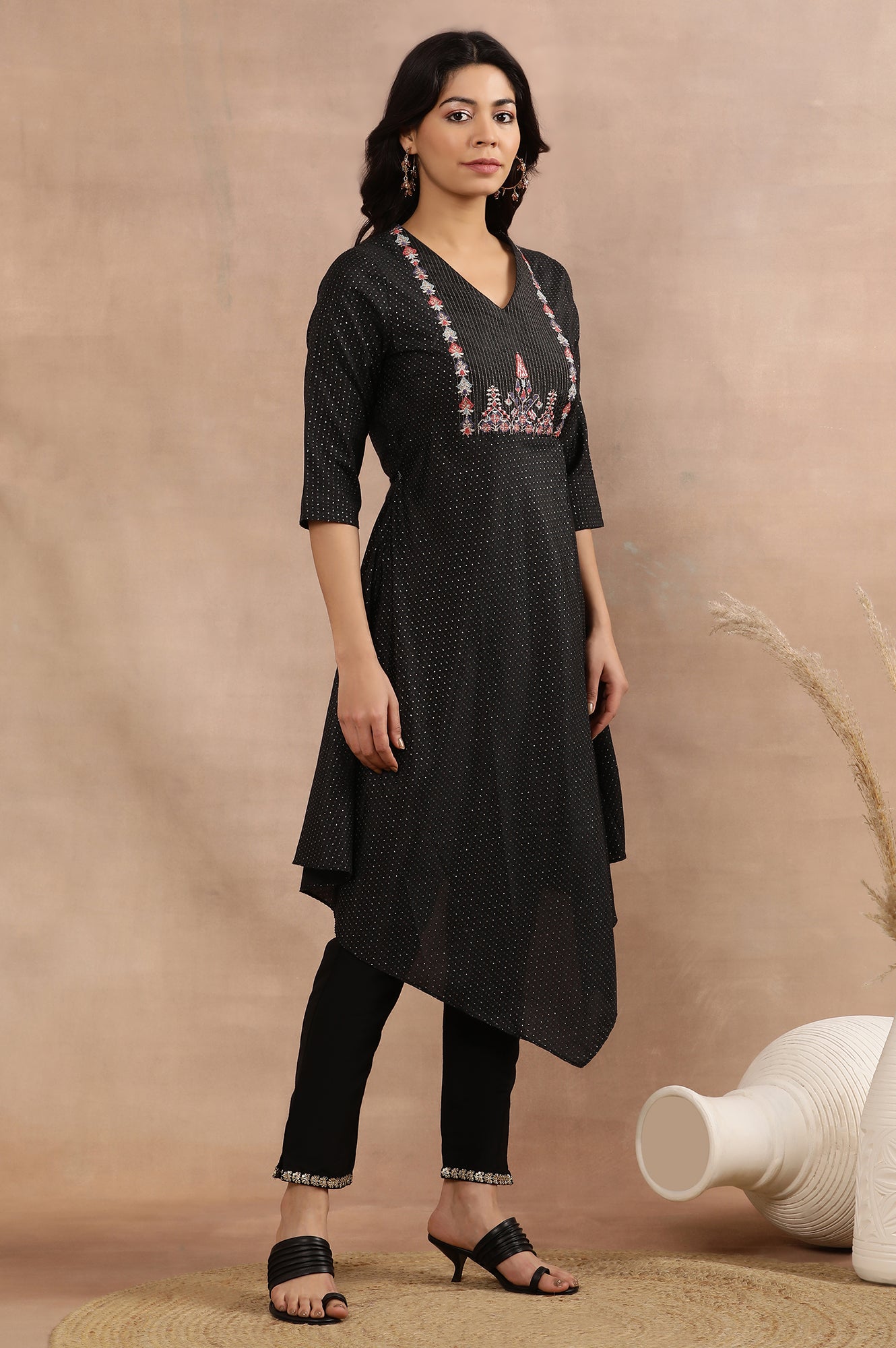 Black Embroidered Asymmetrical Kurta, Pants And Dupatta Set