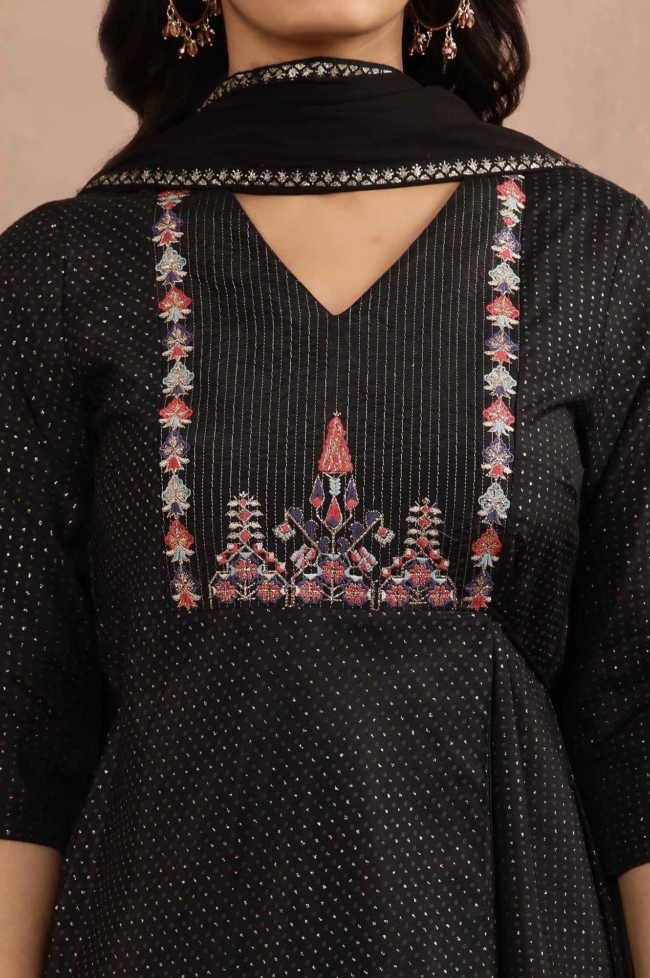 Black Embroidered Asymmetrical Kurta, Pants And Dupatta Set