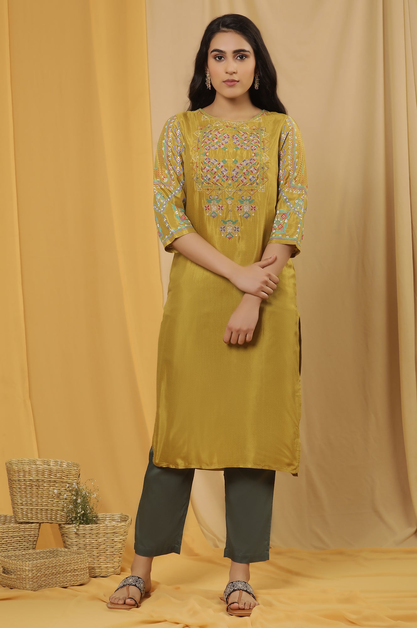 Mustard Embroidered Kurta And Pants Set