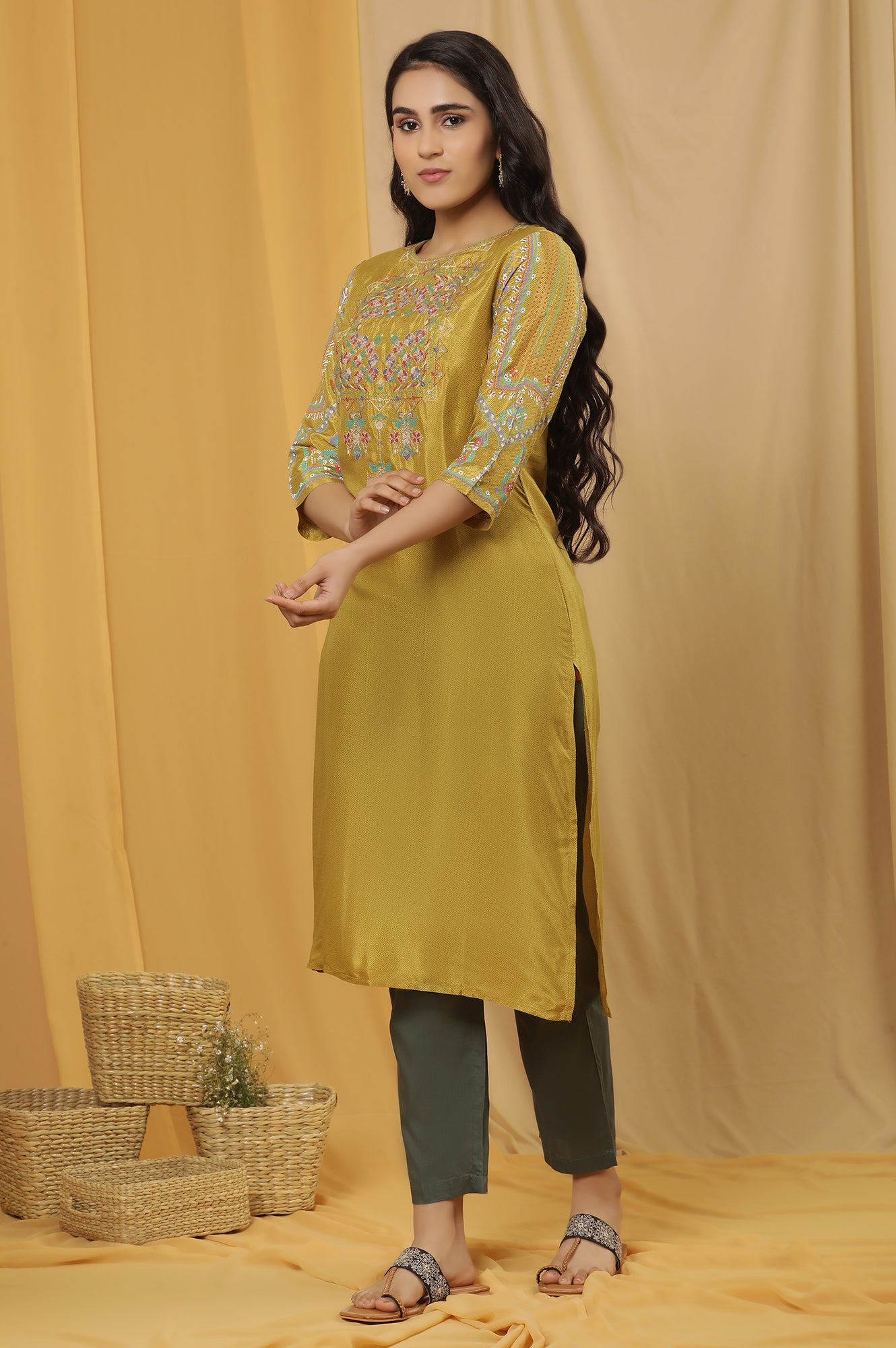 Mustard Embroidered Kurta And Pants Set