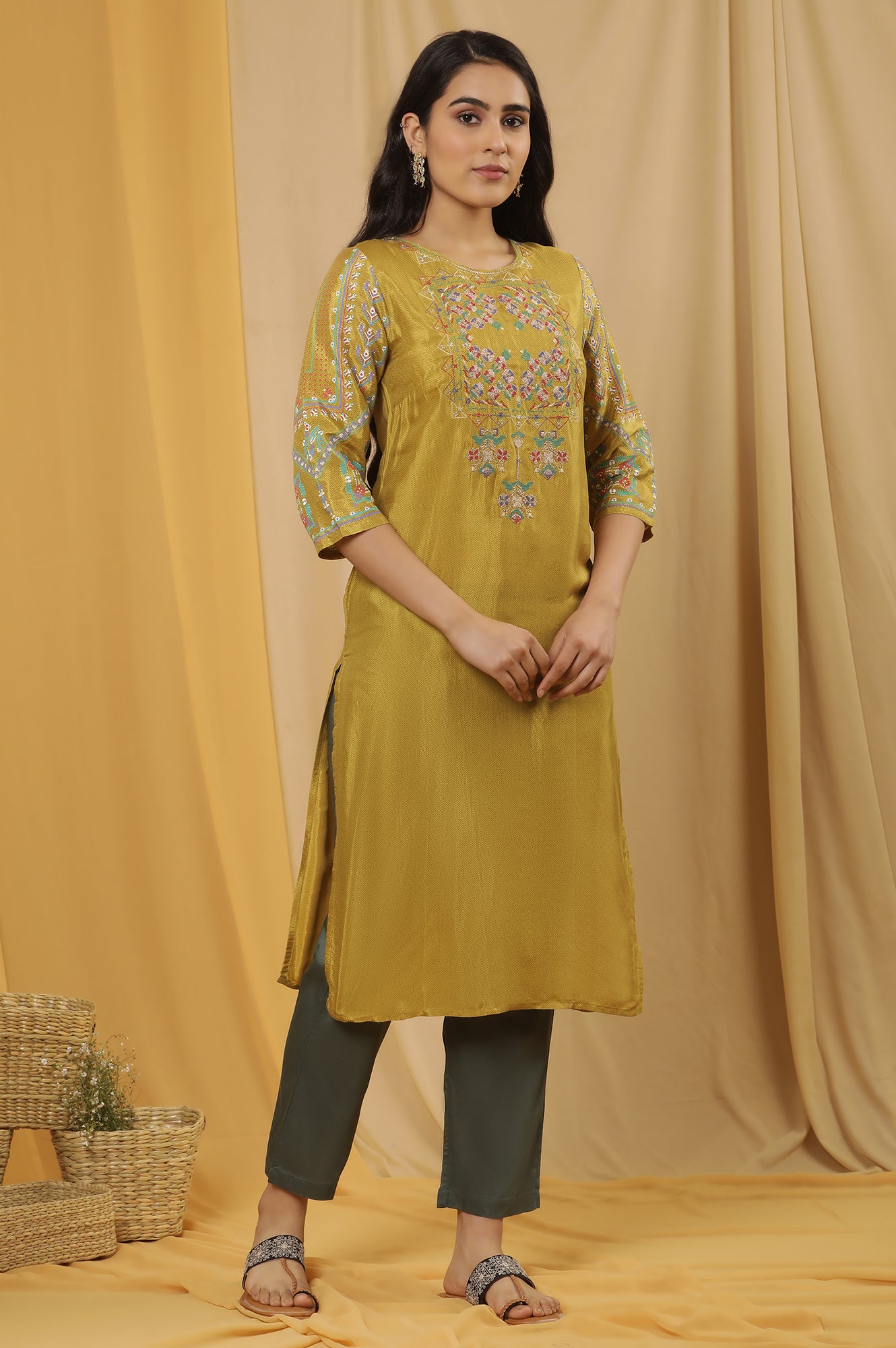 Mustard Embroidered Kurta And Pants Set