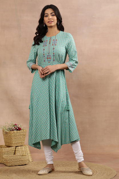 Green Asymmetrical Printed Kurta And Churidar Set