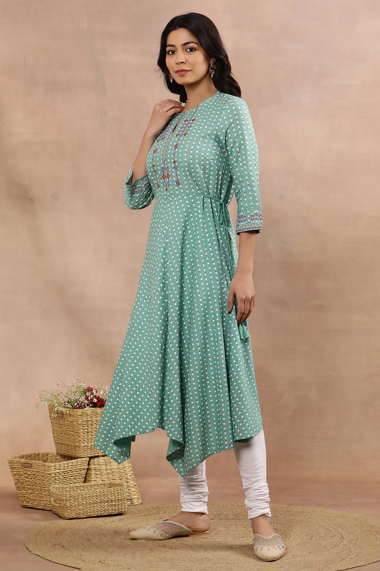 Green Asymmetrical Printed Kurta And Churidar Set