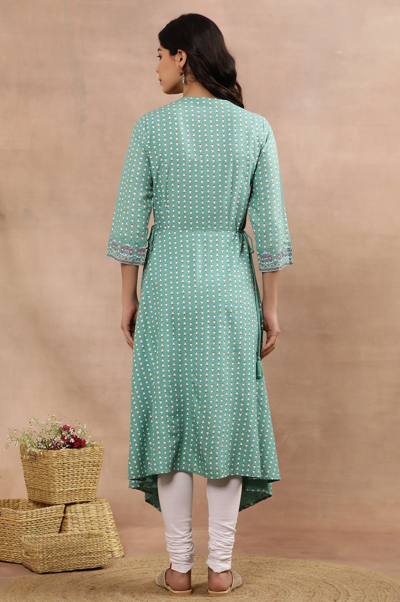 Green Asymmetrical Printed Kurta And Churidar Set