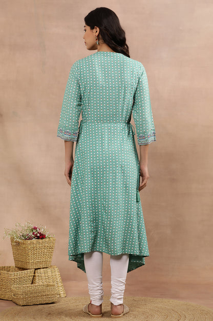 Green Asymmetrical Printed Kurta And Churidar Set