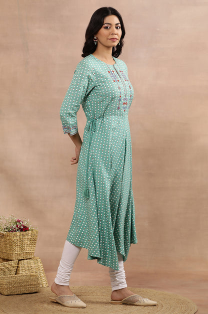 Green Asymmetrical Printed Kurta And Churidar Set