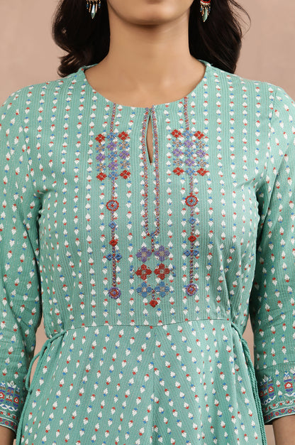 Green Asymmetrical Printed Kurta And Churidar Set