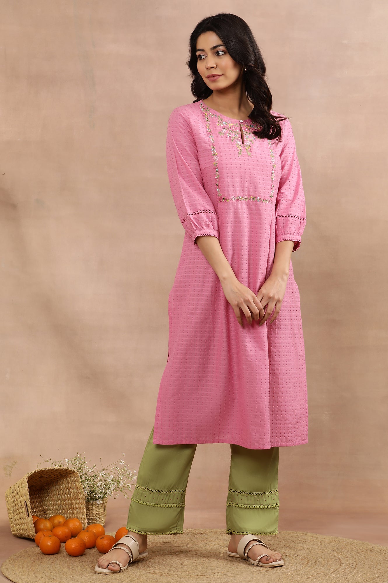 Pink Embroidered Cotton Kurta And Pants Set