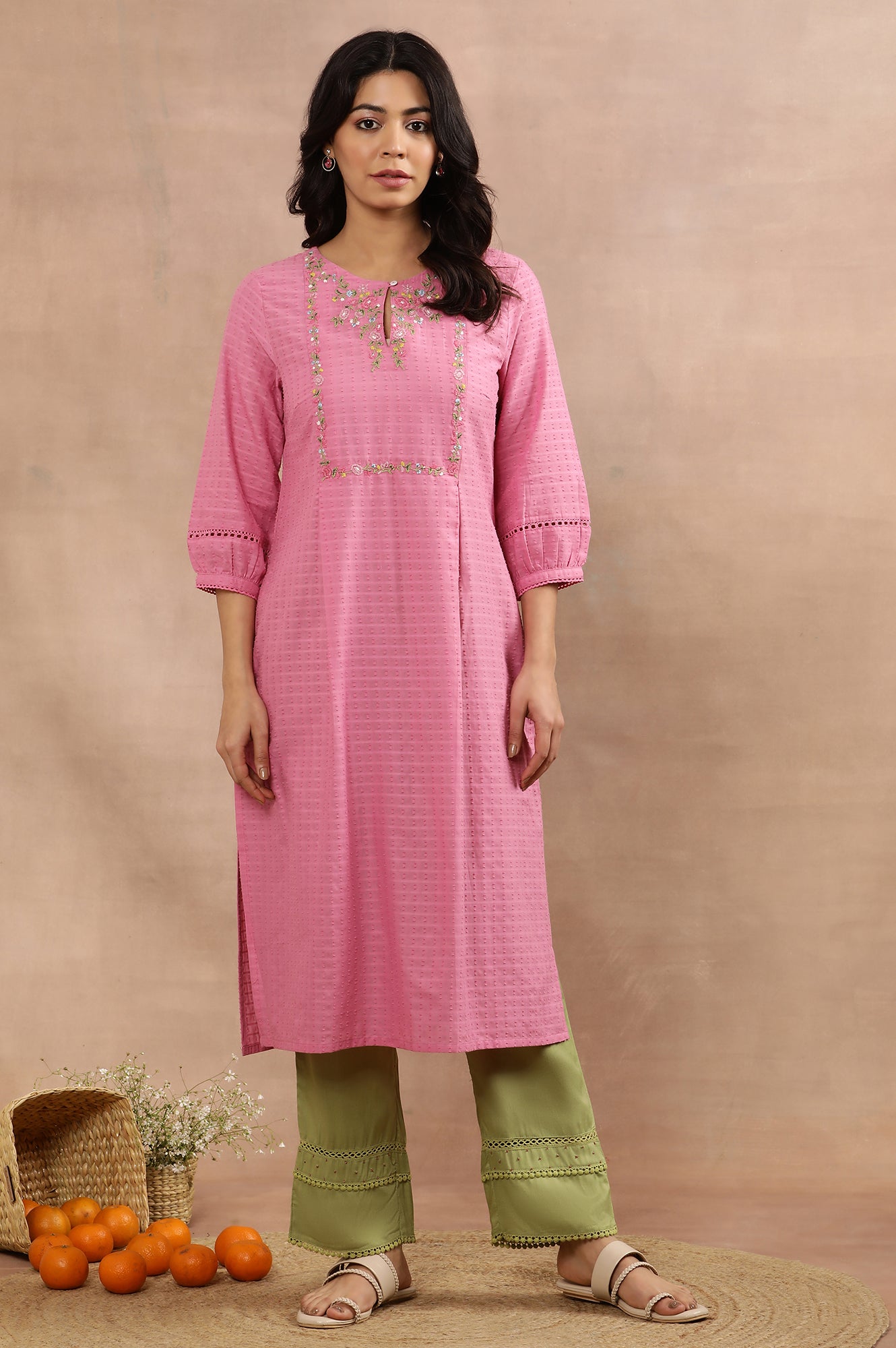 Pink Embroidered Cotton Kurta And Pants Set