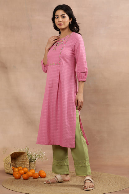 Pink Embroidered Cotton Kurta And Pants Set