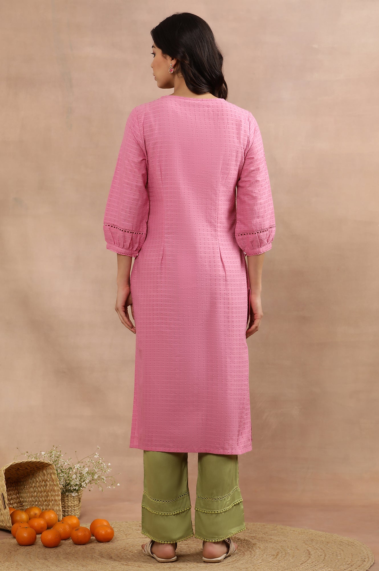 Pink Embroidered Cotton Kurta And Pants Set