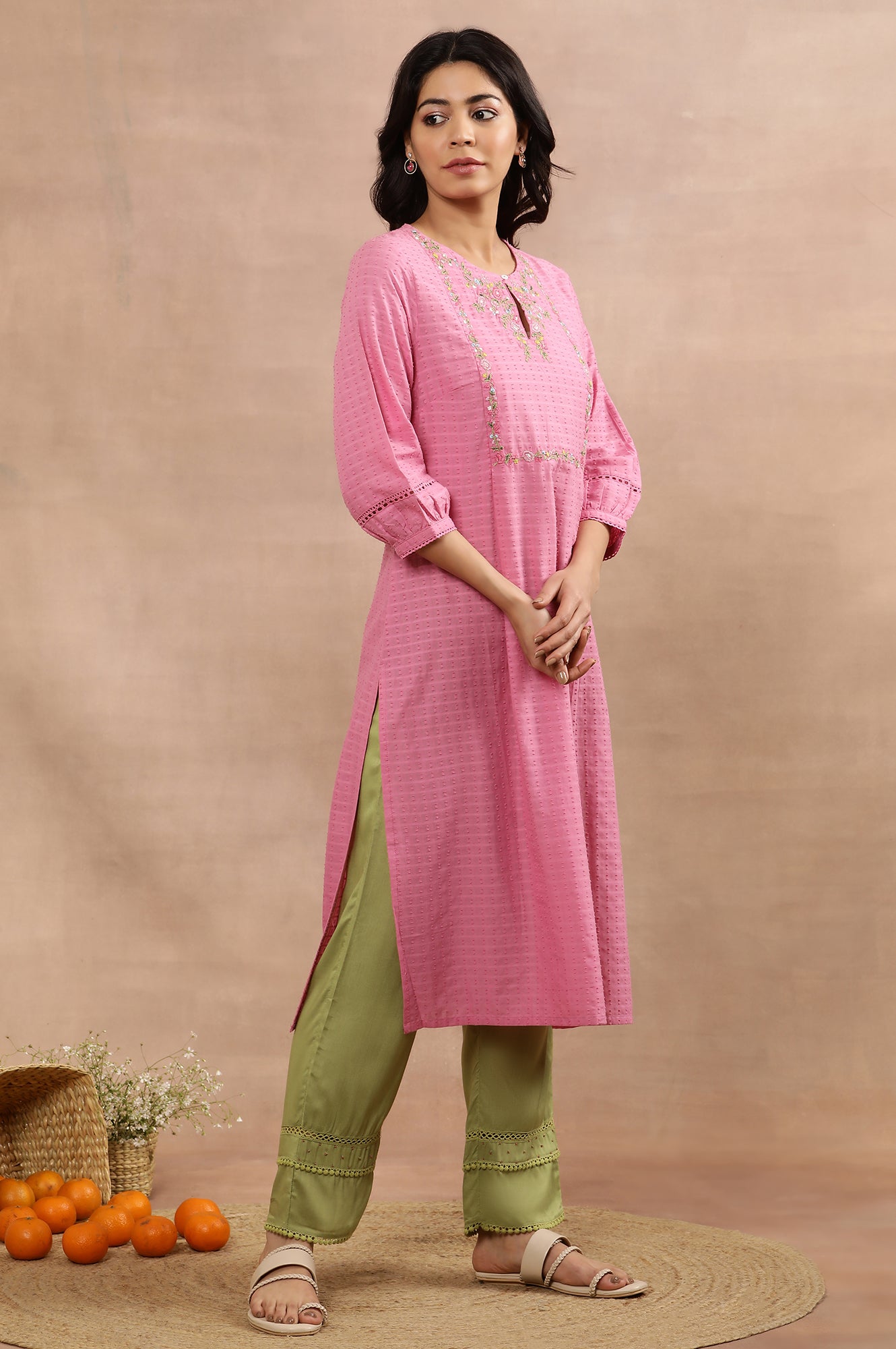 Pink Embroidered Cotton Kurta And Pants Set