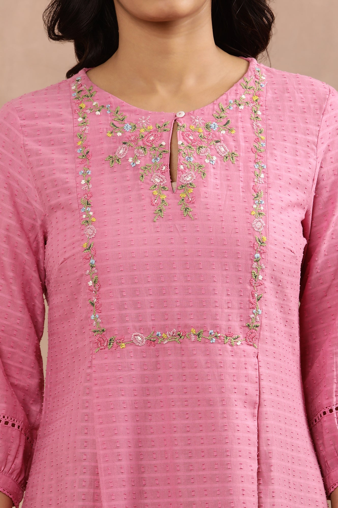 Pink Embroidered Cotton Kurta And Pants Set