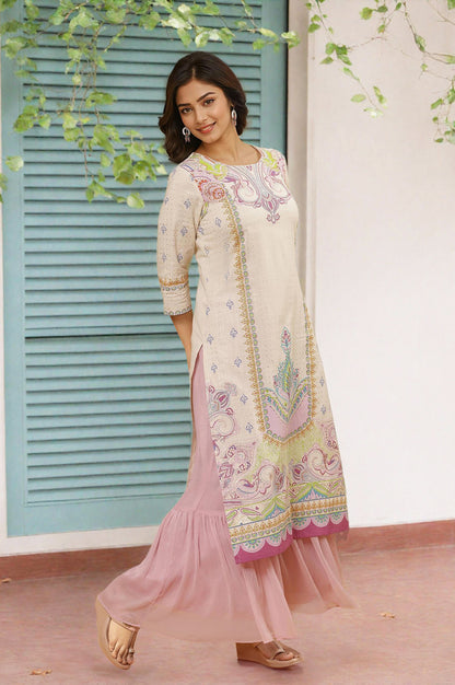 White Printed Straight Kurta And Sharara Set