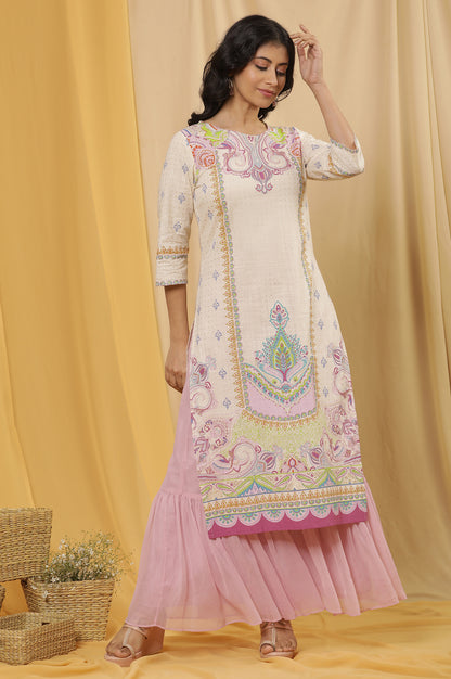 White Printed Straight Kurta And Sharara Set