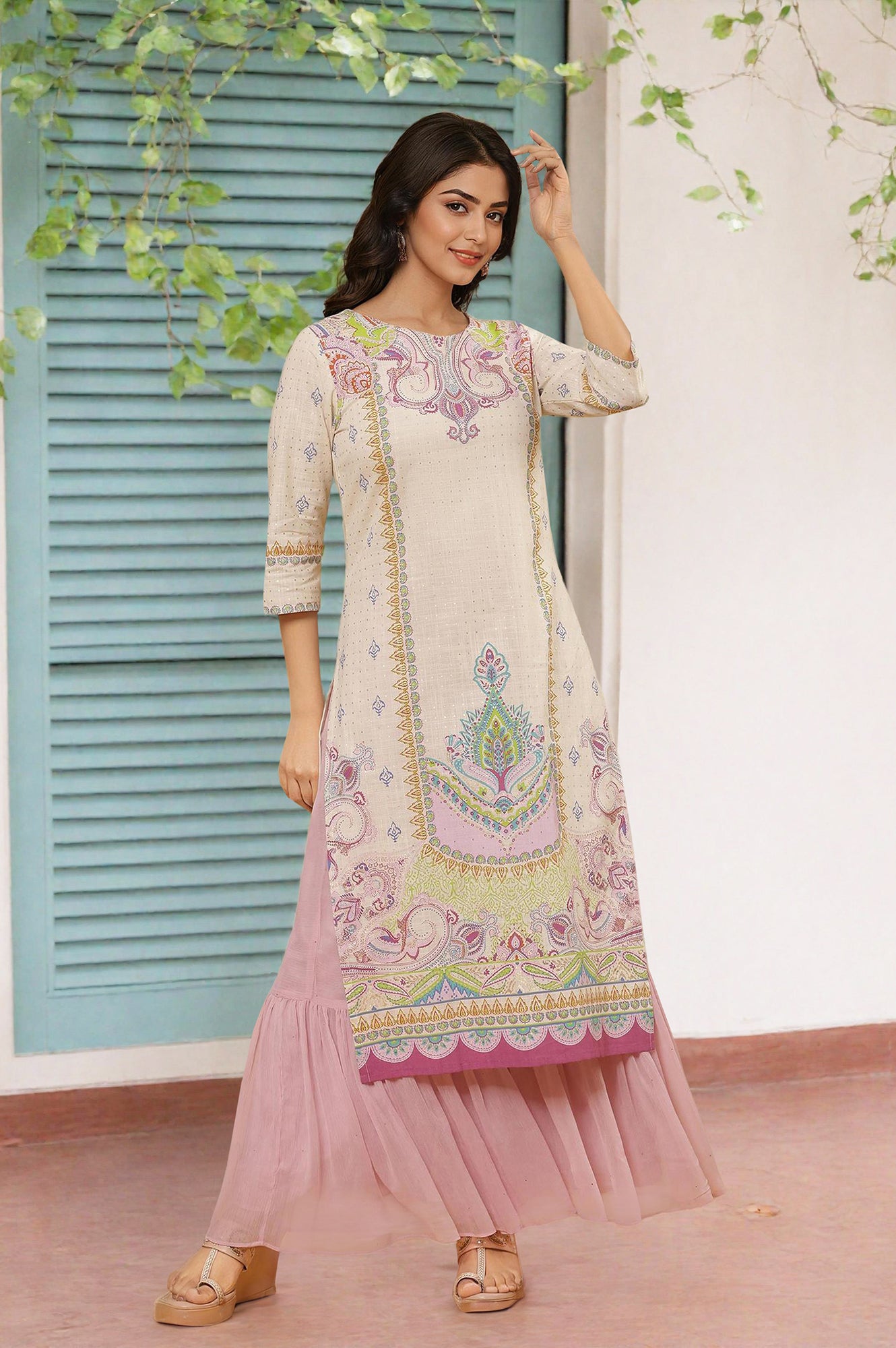 White Printed Straight Kurta And Sharara Set