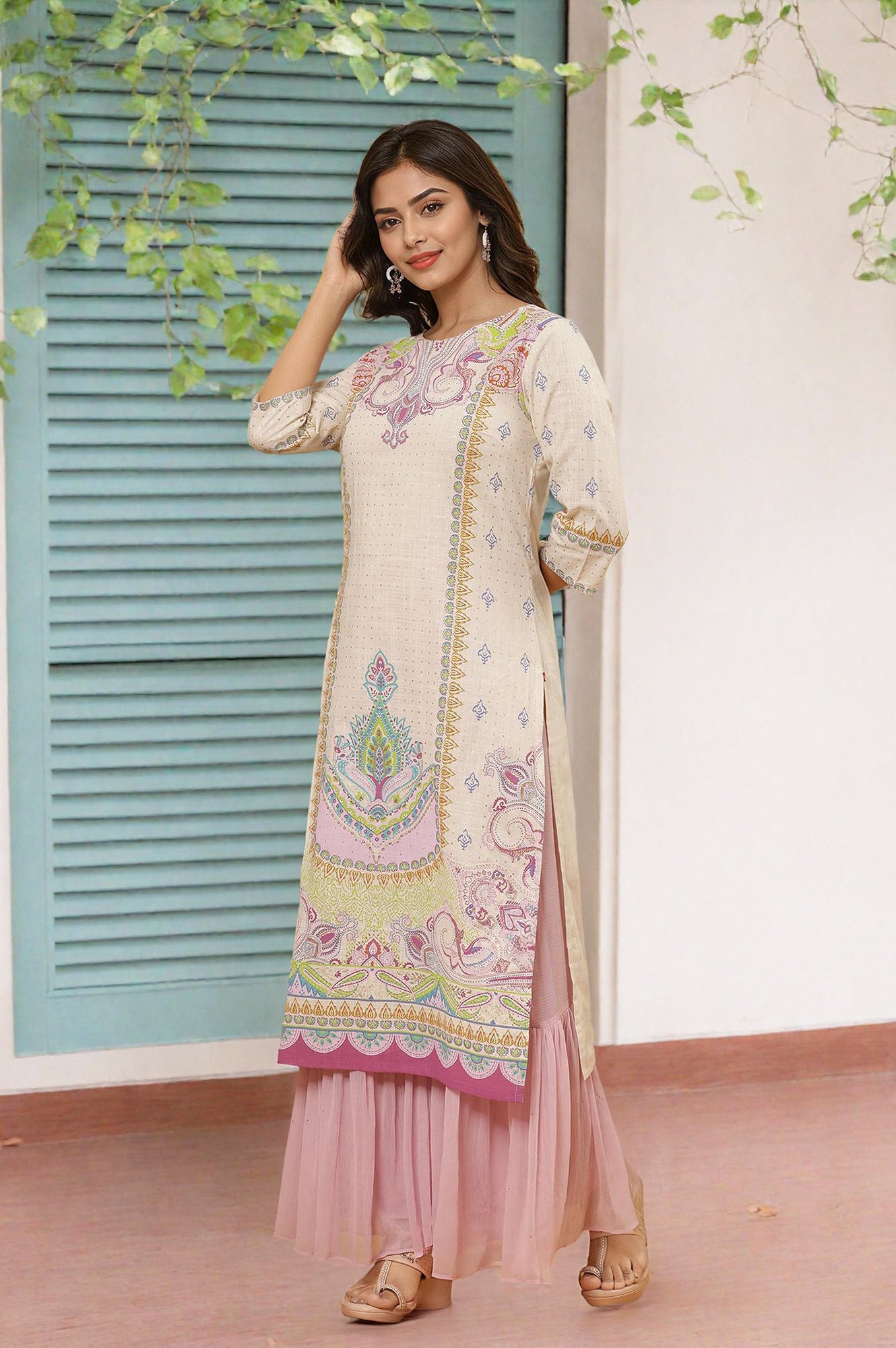 White Printed Straight Kurta And Sharara Set