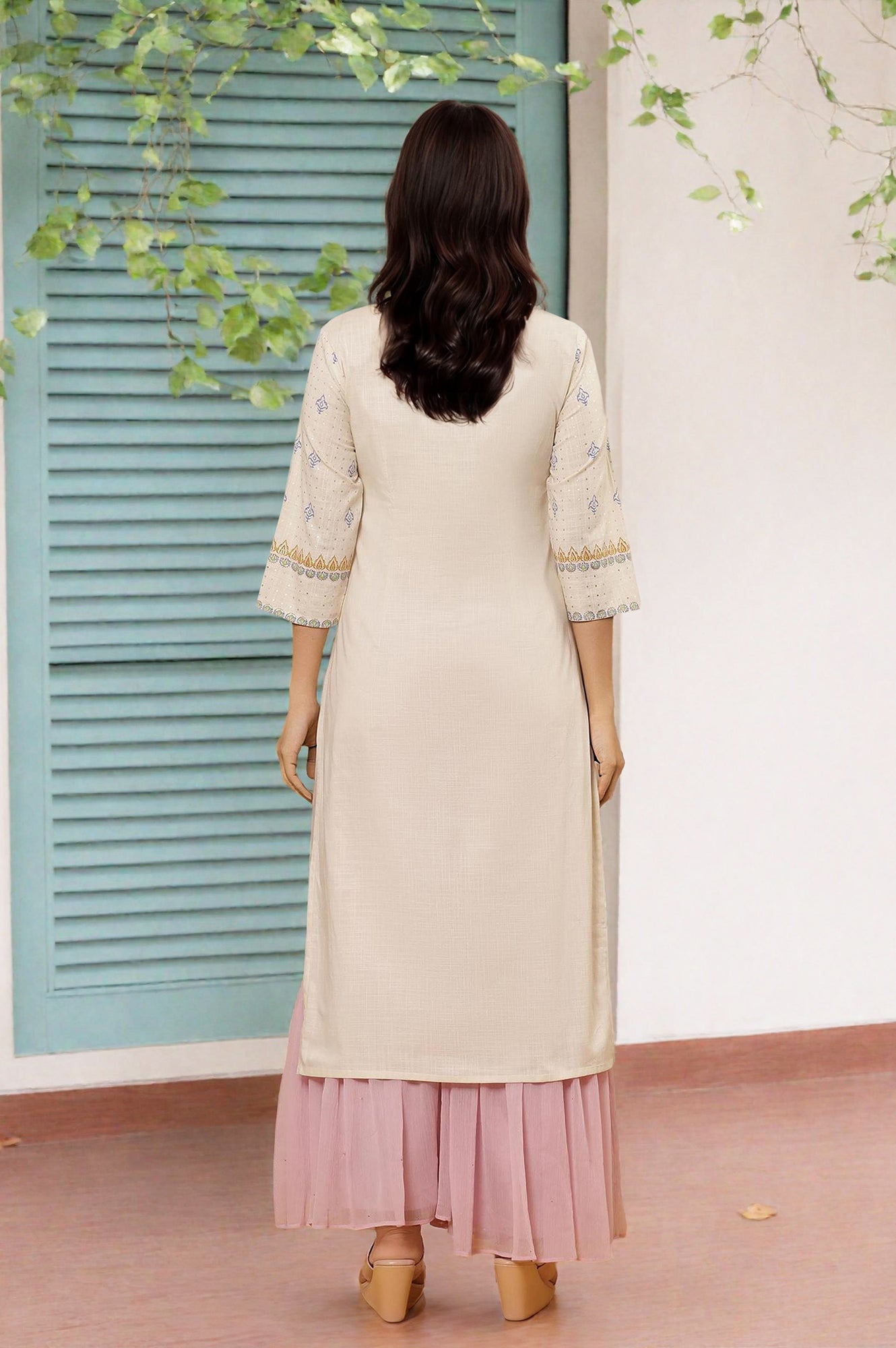 White Printed Straight Kurta And Sharara Set