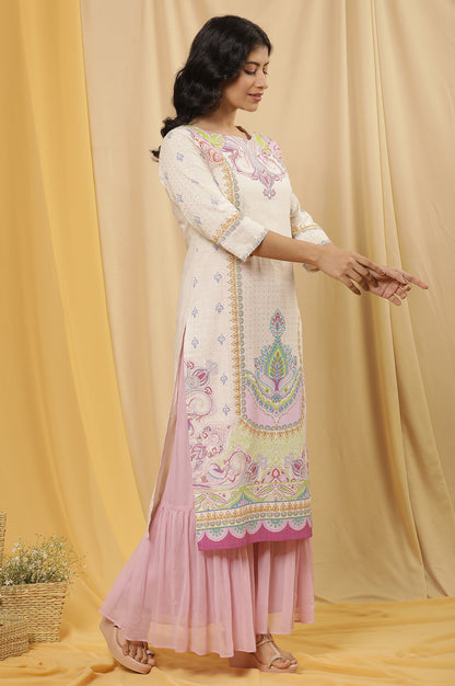 White Printed Straight Kurta And Sharara Set