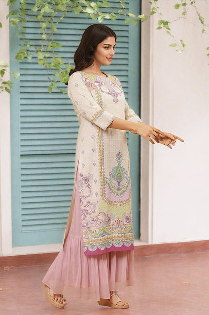 White Printed Straight Kurta And Sharara Set