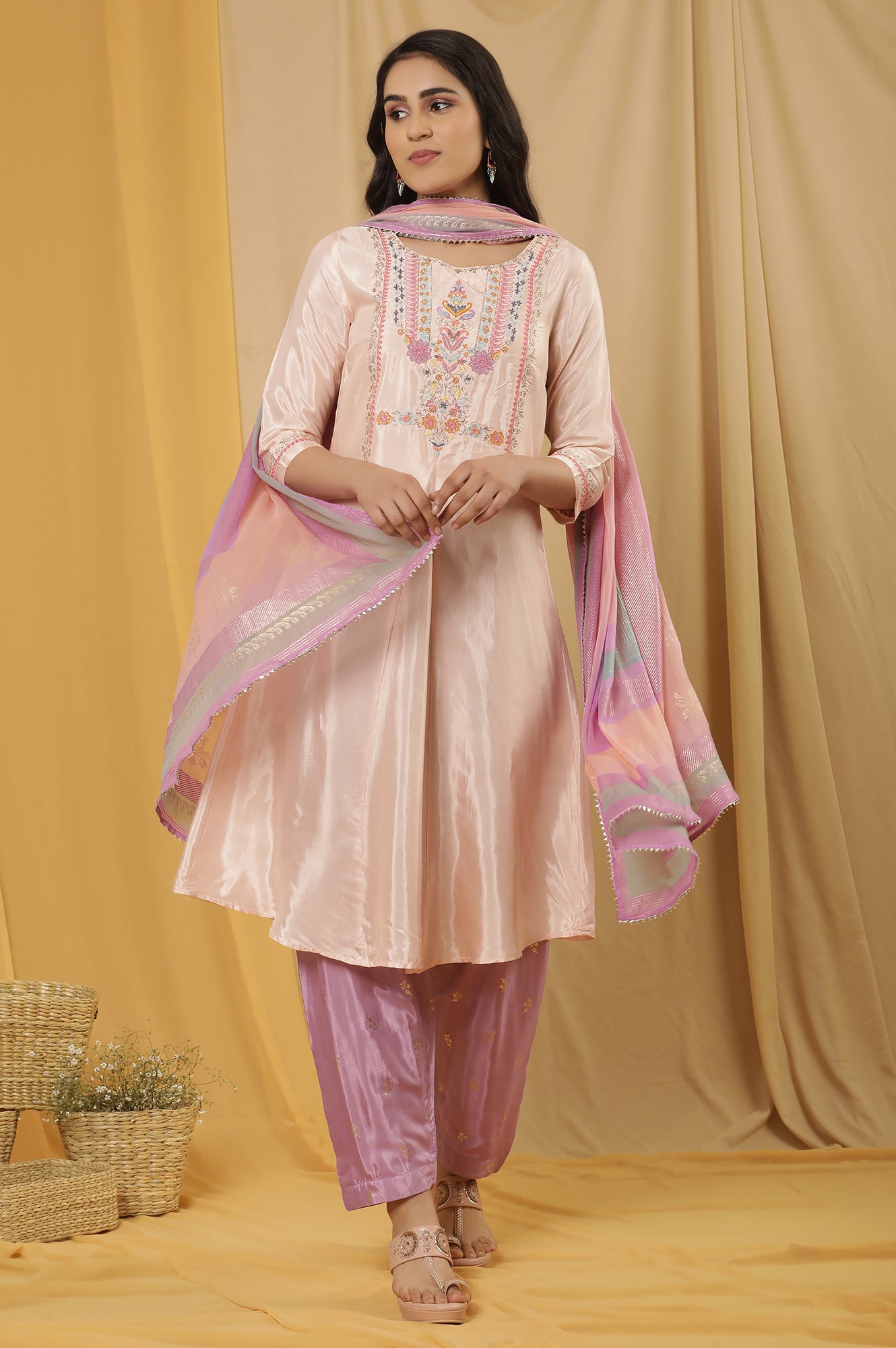 Peach Embroidered Flared Kurta, Salwar And Dupatta Set