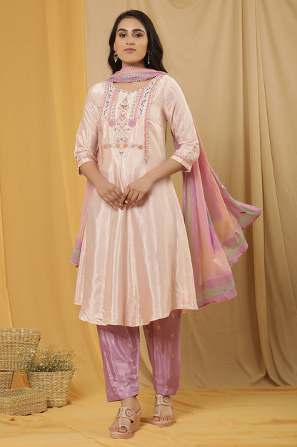 Peach Embroidered Flared Kurta, Salwar And Dupatta Set