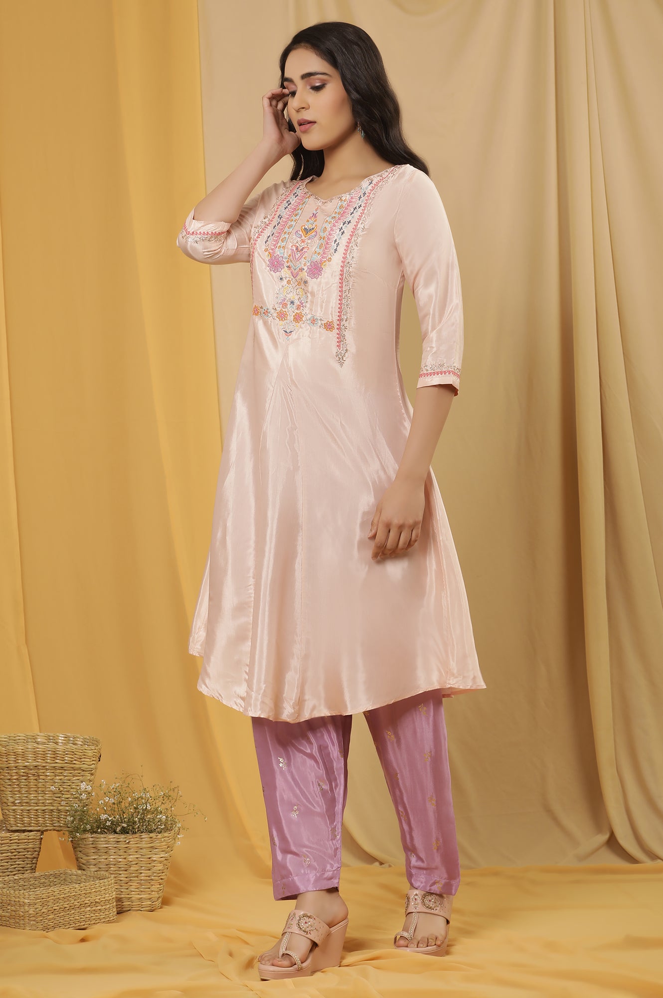 Peach Embroidered Flared Kurta, Salwar And Dupatta Set