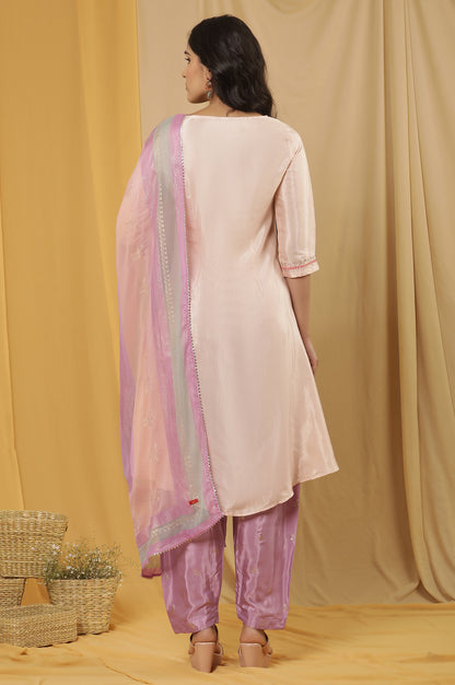 Peach Embroidered Flared Kurta, Salwar And Dupatta Set