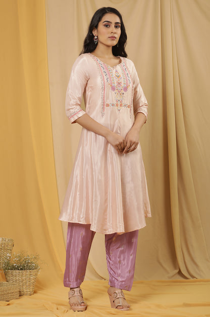 Peach Embroidered Flared Kurta, Salwar And Dupatta Set