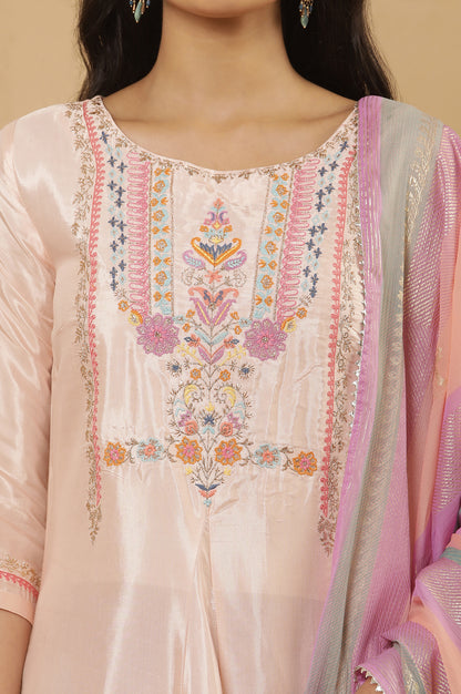 Peach Embroidered Flared Kurta, Salwar And Dupatta Set