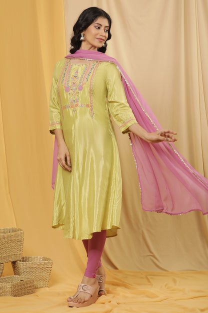 Green Embroidered A-Line Kurta, Tights And Dupatta Set