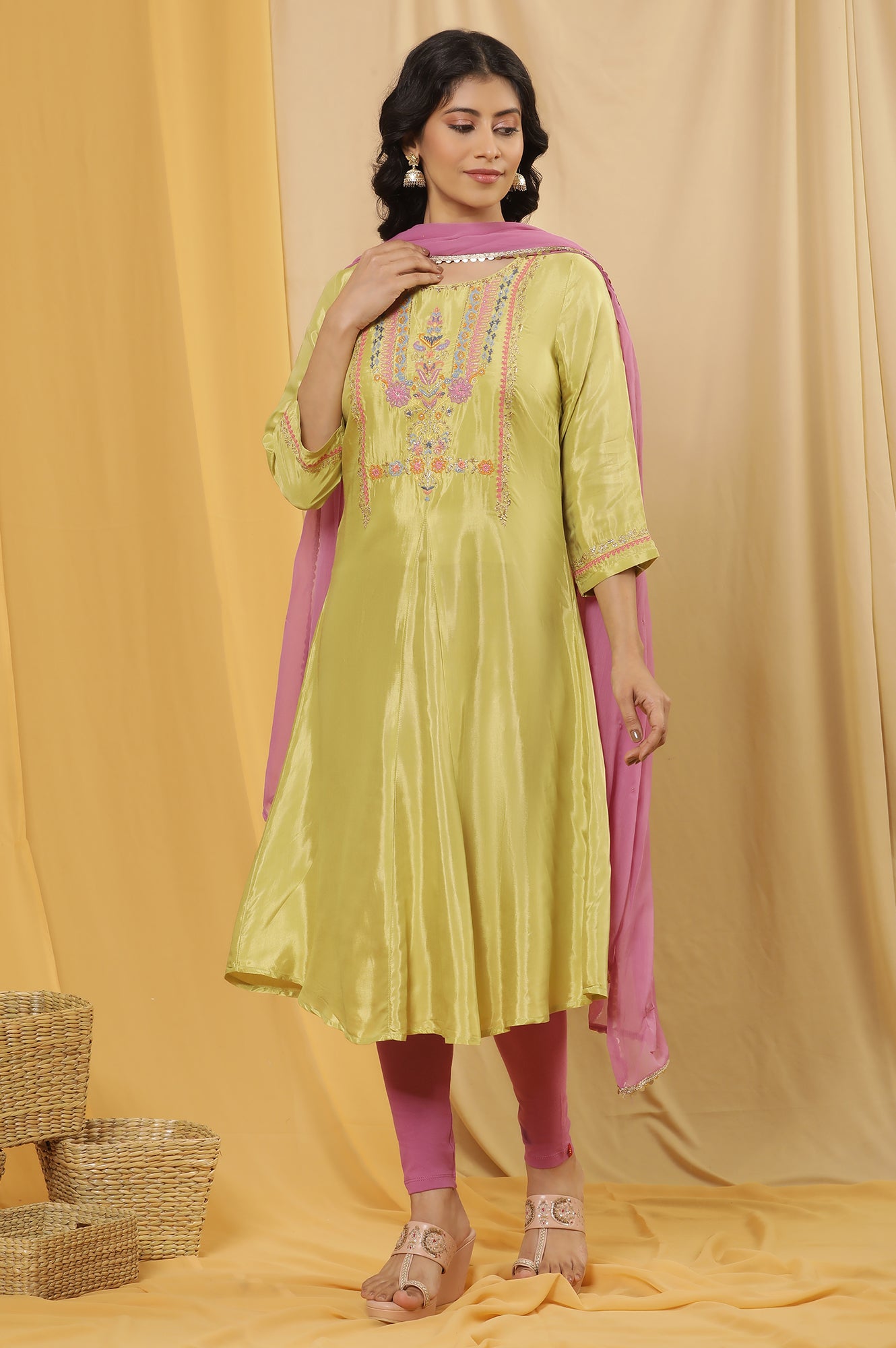 Green Embroidered A-Line Kurta, Tights And Dupatta Set