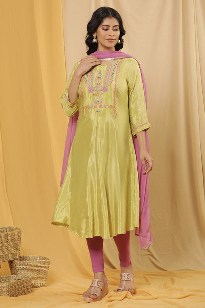 Green Embroidered A-Line Kurta, Tights And Dupatta Set