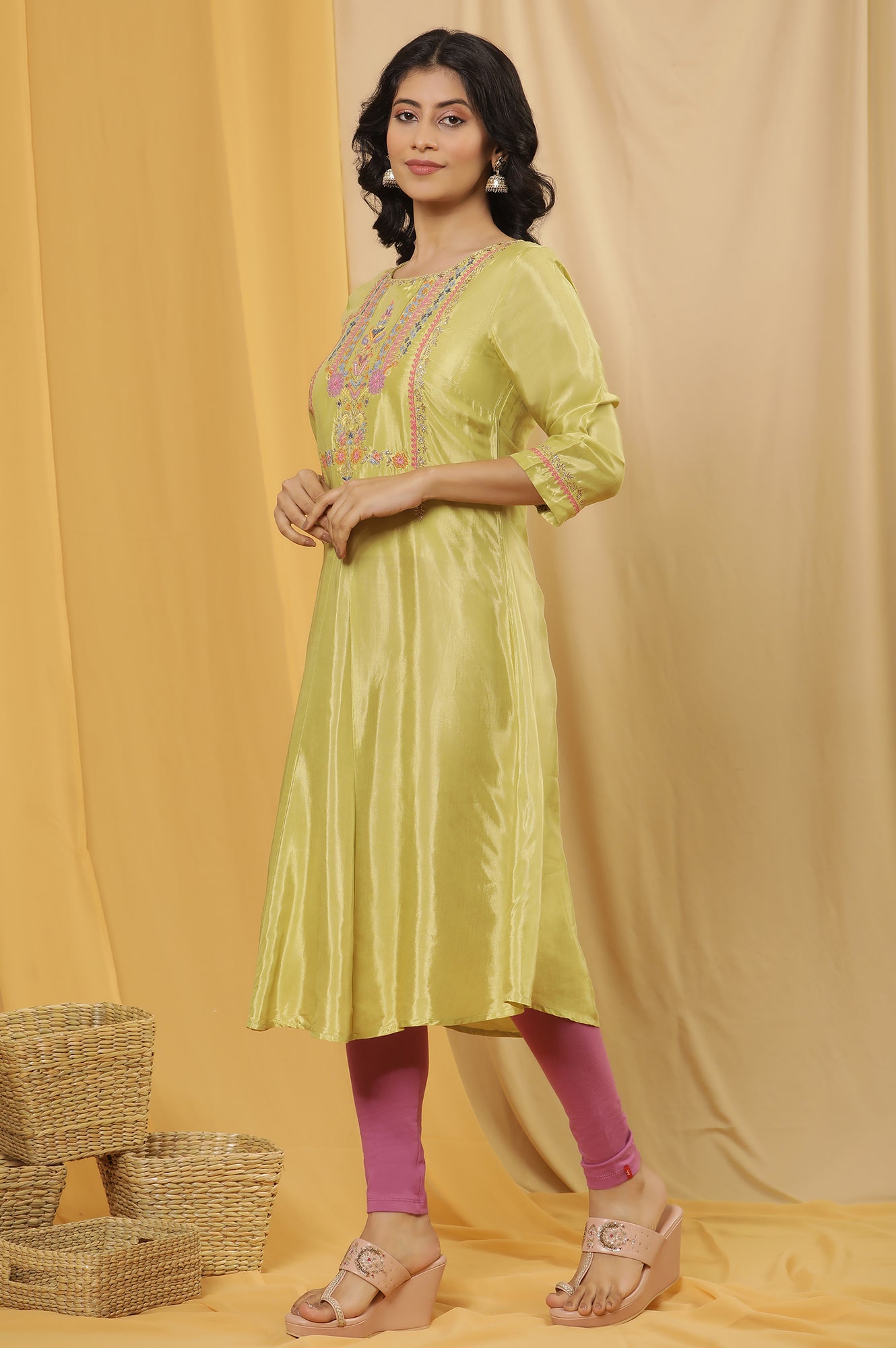 Green Embroidered A-Line Kurta, Tights And Dupatta Set