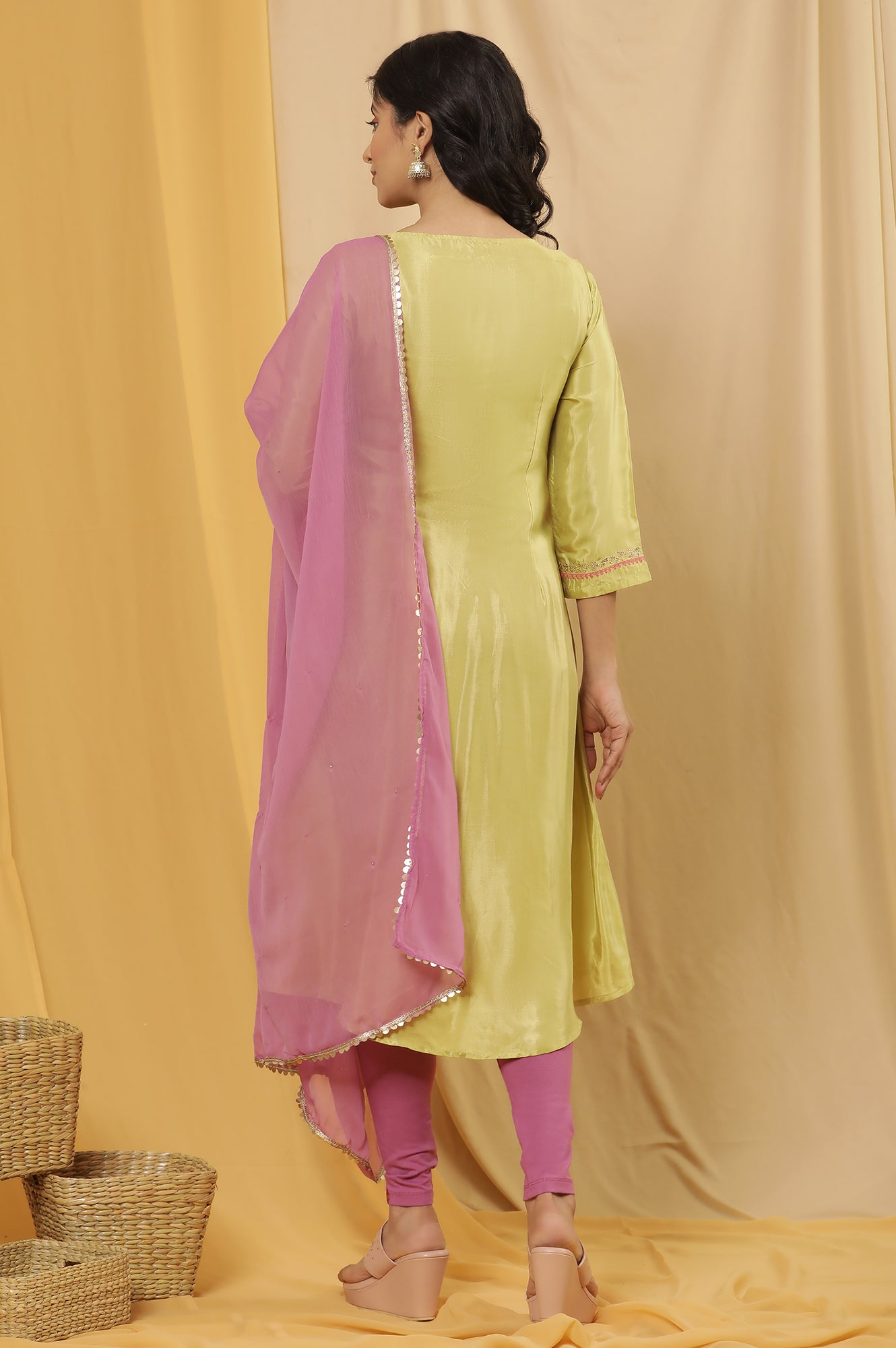 Green Embroidered A-Line Kurta, Tights And Dupatta Set