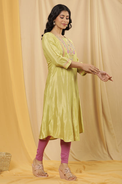 Green Embroidered A-Line Kurta, Tights And Dupatta Set