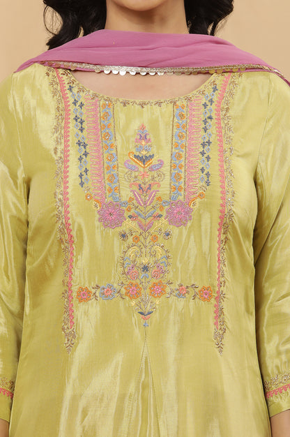 Green Embroidered A-Line Kurta, Tights And Dupatta Set