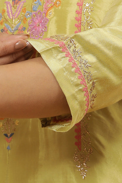 Green Embroidered A-Line Kurta, Tights And Dupatta Set