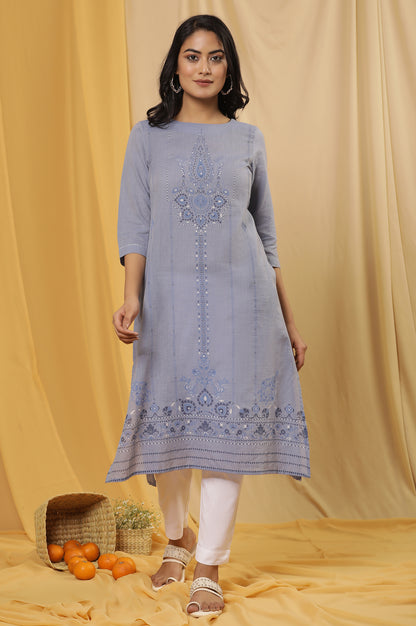 Blue Floral Printed Cotton Kurta And Pants Set