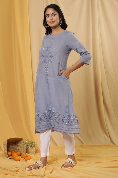 Blue Floral Printed Cotton Kurta And Pants Set