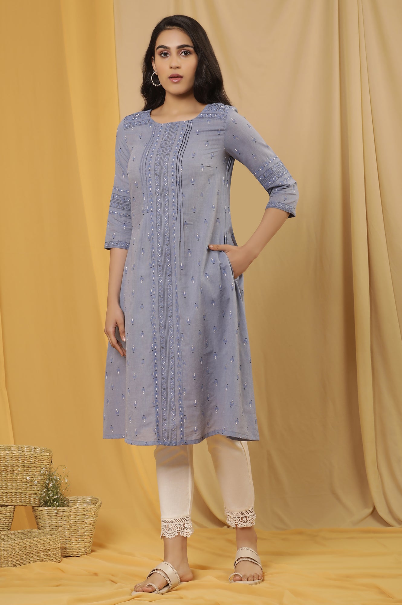 Blue Printed A-Line Kurta And Pants Set