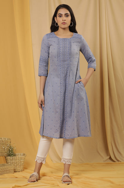 Blue Printed A-Line Kurta And Pants Set