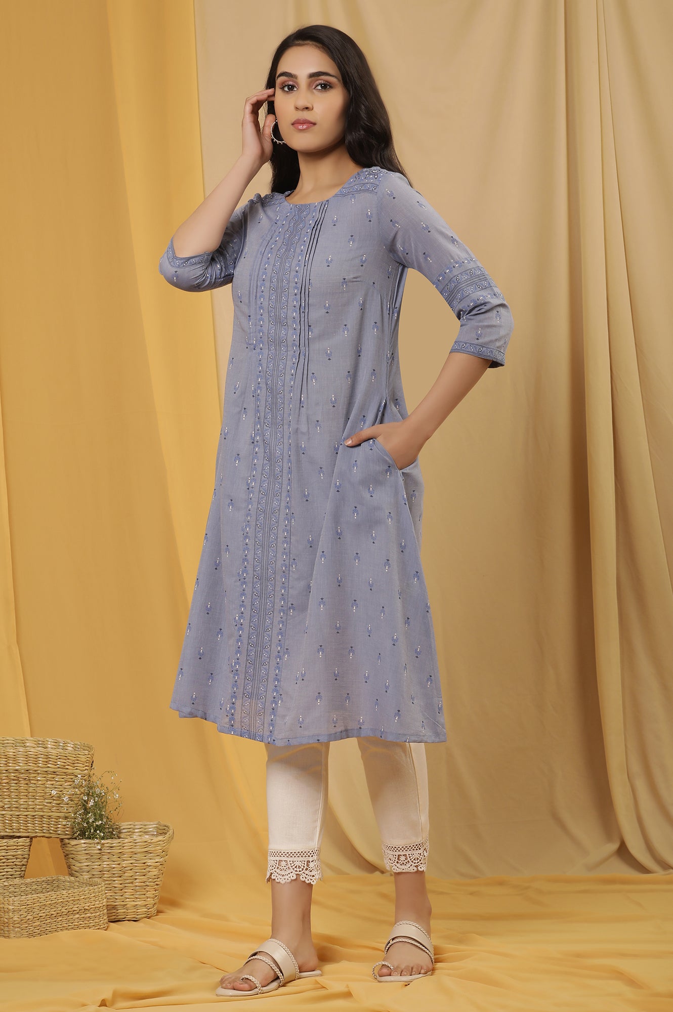 Blue Printed A-Line Kurta And Pants Set