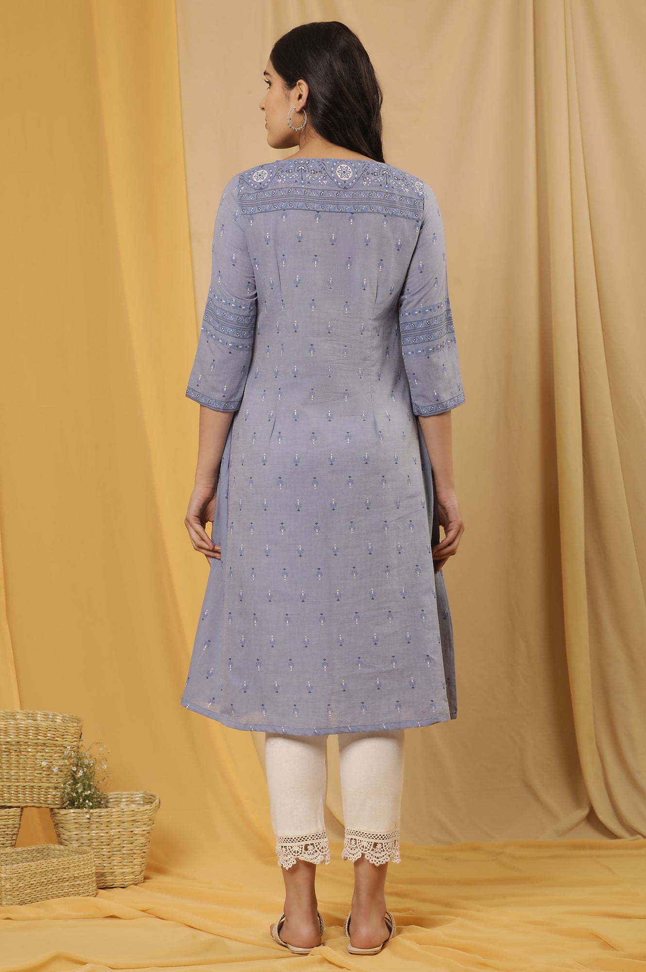 Blue Printed A-Line Kurta And Pants Set