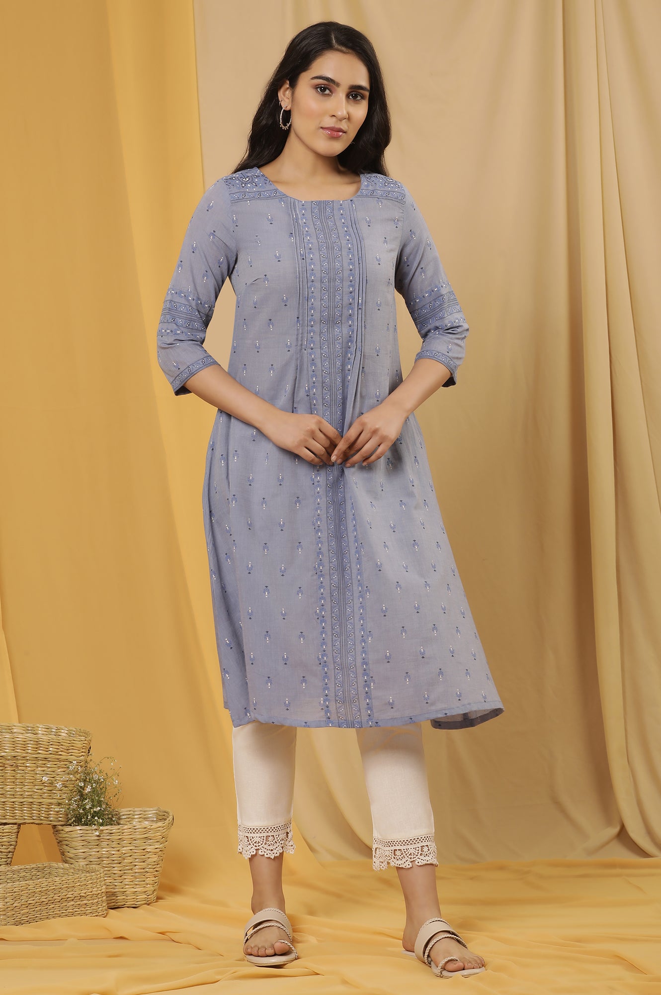 Blue Printed A-Line Kurta And Pants Set